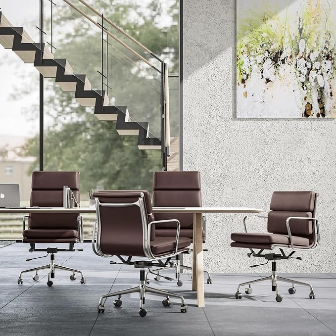Genuine Leather Office Chair, Padded Mid Back Ergonomic Executive Desk Chair with Aluminum Arm Rest and Base, Swivel Wheels with Lumbar Support & Tilting Function, Hight Adjustable Dark Brown