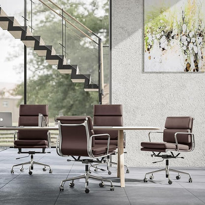 Genuine Leather Office Chair, Padded Mid Back Ergonomic Executive Desk Chair with Aluminum Arm Rest and Base, Swivel Wheels with Lumbar Support & Tilting Function, Hight Adjustable Dark Brown
