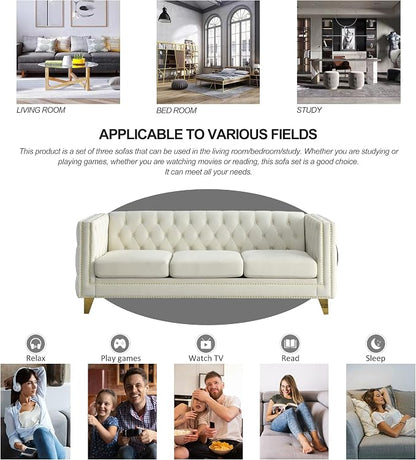 mikibama 80.5" Velvet 3 Seater Sofa Couch for Living Room,Button Tufted 3-Seat Couches with Nailhead Trims,Modern Upholstered Sofas with Golden Metal Legs for Bedrooom,Office