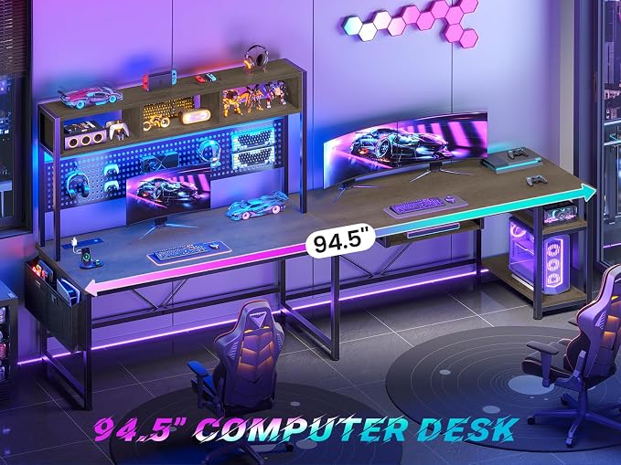 SEDETA L Shaped Desk, 94.5 Inch Office Desk with Power Outlet & Pegboard, L Shaped Desk with Led Light, Keyboard Tray, Storage Shelves and Headphone Hook for Home Office, Walnut Brown