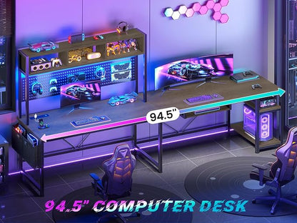 SEDETA L Shaped Desk, 94.5 Inch Office Desk with Power Outlet & Pegboard, L Shaped Desk with Led Light, Keyboard Tray, Storage Shelves and Headphone Hook for Home Office, Walnut Brown