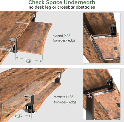UPGRAVITY Extra Large Keyboard Tray Under Desk - Slide Out with Sturdy C-Clip Mount System, Extra Wide 31.5" (35.8" Including Clamps) x 11.8" Pull-Out Keyboard Computer Drawer, Rustic Vintage Brown