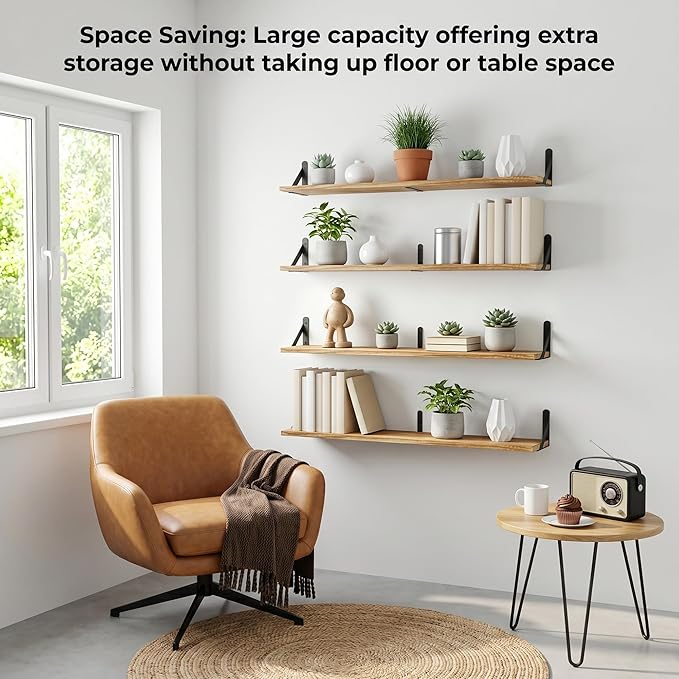 Long Wall Shelf,Large Floating Shelves for Wall,Wood Floating Bookshelves Hanging,Book Storage Display for Living Room Bedroom Office Bathroom Decor,4 Pack,36 Inch,Carbonized Black