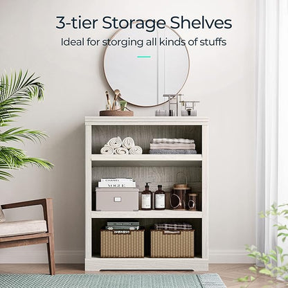 LINSY HOME 3-Tier Bookcase, Small Bookshelf Wood Display Storage Shelves Farmhouse Bookshelf for Home Office, Living Room, Bed Room - White Oak