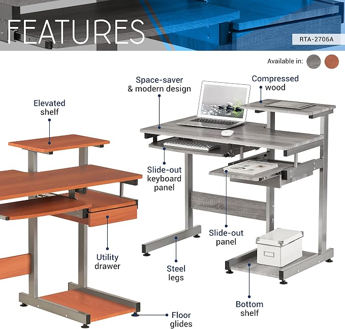 Techni Mobili 38" W Desk with Printer Shelf, Keyboard Tray and Drawer, Compact Workstation with Storage, Woodgrain
