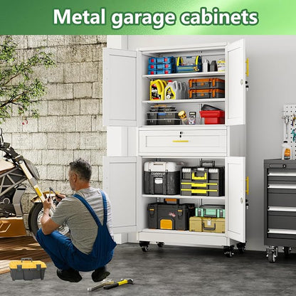 Metal Storage Cabinet with Wheels, 71" Tall Locking Storage Cabinet with 3 Adjustable Shelves, Locking Garage Cabinet, Steel Locker Organizer, for Office, Home, School, White