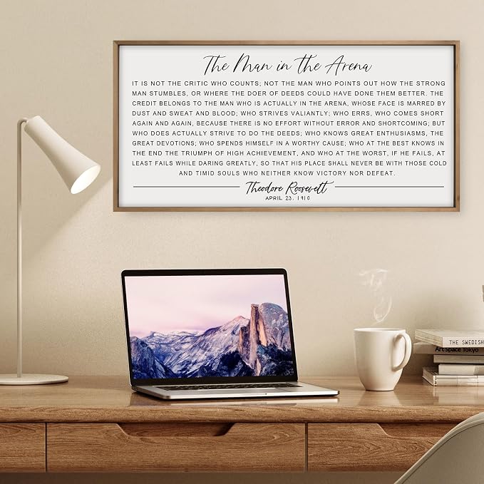 flangairy The Man In The Arena Wall Art Framed 32.3x16.5inch, Wood Motivational Wall Art for Men, Inspirational Office Decor
