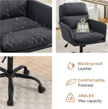 YITAI Adjustable Home Office Desk Chair with Comfy Square Mid-Back, Faux Leather 360 Swivel Upholstered Task Armchair with Wheels for Vanity Bedroom/Living Room,Study Black