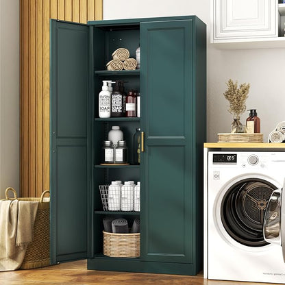 71" Metal Pantry Cabinet,Storage Cabinet with Doors and Shelves | Metal Storage Cabinet,Gold Handles,Adjustable Shelves,Magnetic Doors,Leveling Feet,Anti-tipping,for Kitchen/Garage Green