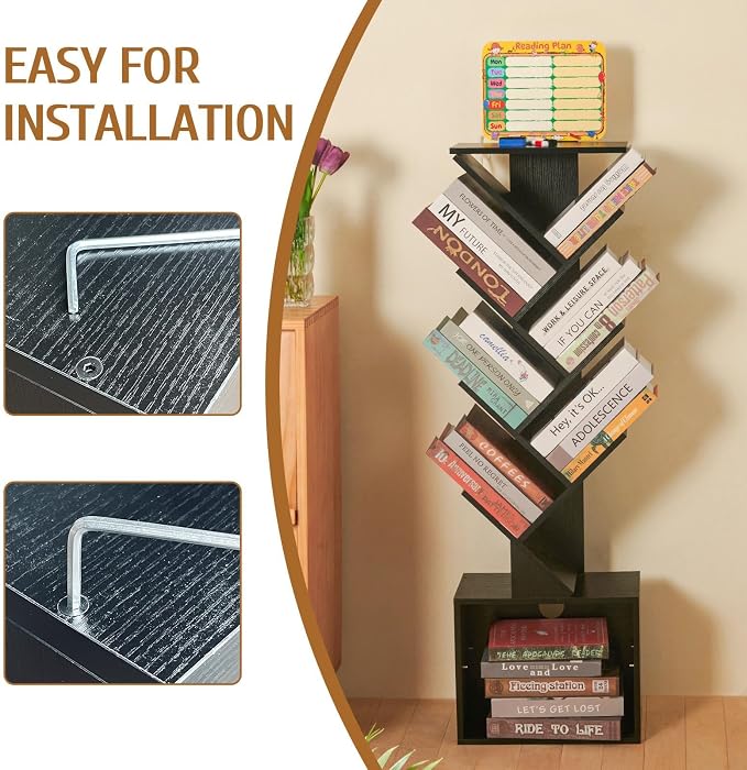 7 Tier Tree Book shelf, Small Bookcase with Reading Planner and Activity Panel, Modern Floor Standing Corner Tall Narrow Storage Cabinet Bookshelves for Home Office Bedroom Living Room (Black)