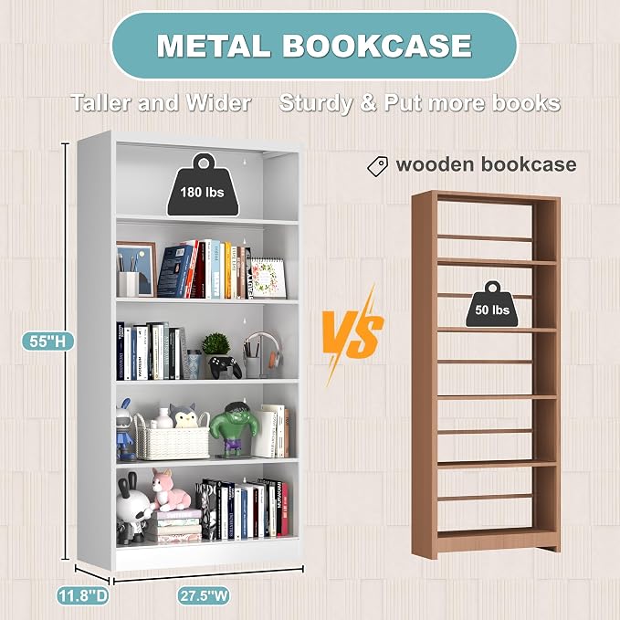OSEILLC Bookcase,5 Tier Bookshelf,55" Tall Free Standing Metal Bookcase with Adjustable Storage Shelves,Wide Bookshelf for Bedroom Living Room Home Office School (White)