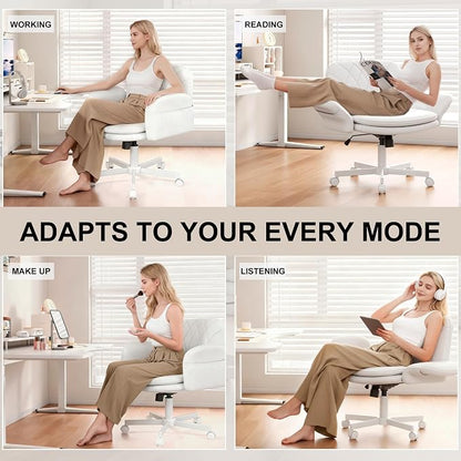 Misolant Criss Cross Chair with Armrests & Wheels for Cross-Legged Sitting, Comfortable PU Leather Vanity Chair, Office Desk Chairs with Adjustable Rocking Function, for Home, Bedroom White
