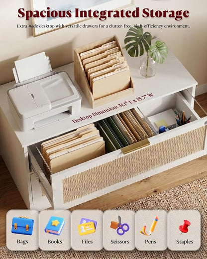 HOPUBUY 2 Drawer File Cabinet with Lock, Printer Stand Lateral Filing Cabinets for Home Office and School, Wood Rattan File Cabinet for Hanging Files/Letter/Legal/A4/F4 Size, White