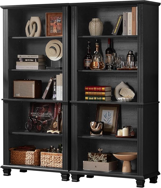SAVOR LIFE 70" Tall Black Bookshelf,5 Tier Wooden Book Shelf with Adjustable Shelves & Wood Legs,Free Standing Farmhouse Bookcase with Open Display Storage,Vintage Bookshelves for Living Room, 2PCS