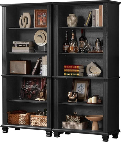 SAVOR LIFE 70" Tall Black Bookshelf,5 Tier Wooden Book Shelf with Adjustable Shelves & Wood Legs,Free Standing Farmhouse Bookcase with Open Display Storage,Vintage Bookshelves for Living Room, 2PCS