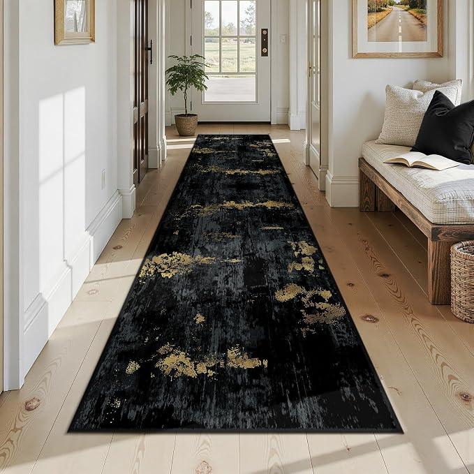 RELEANY Washable Area Rugs 2'6"x12 Non-Slip Modern Abstract Soft for Living Room Entryway Bedroom Kitchen, Print Pattern, Dark Black Gold