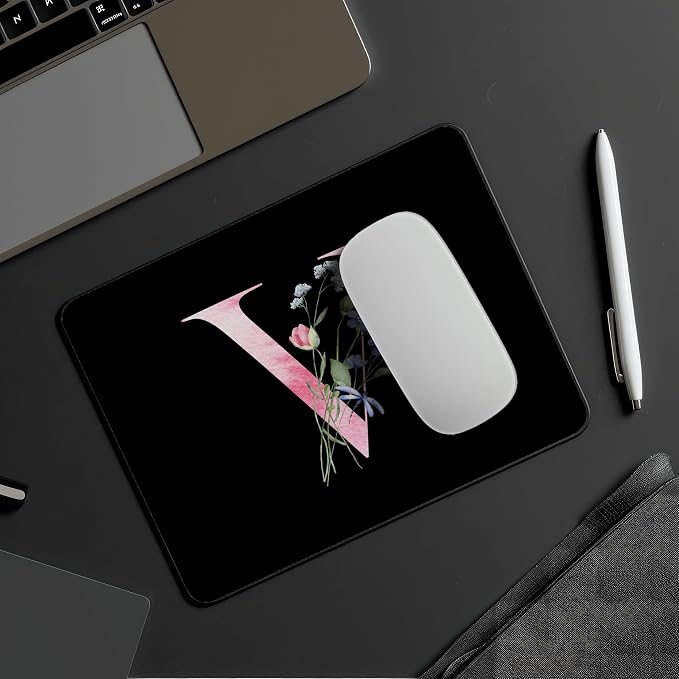 Mouse Pad Pinks Flowers Initial Letters Mousepad Desktop Laptop Computer Accessories Home Office Gaming Work Desk Computer Non-Slip Rubber Monogram Floral Alphabet A-Z mousepad (V)