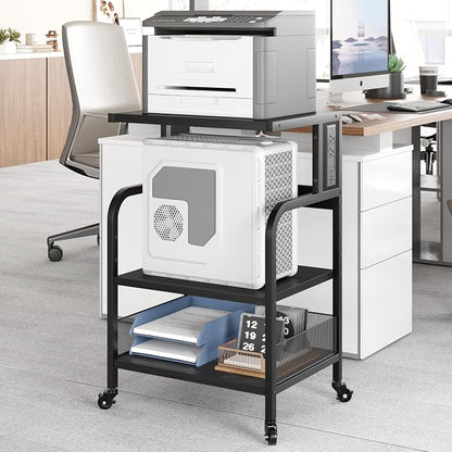 IDEALHOUSE Large Printer Stand with Power Outlets and USB Charging Ports, Mobile Printer Table with Adjustable Shelf, 3 Tier Rolling printer cart with Wheels for Home Office, Rustic Black