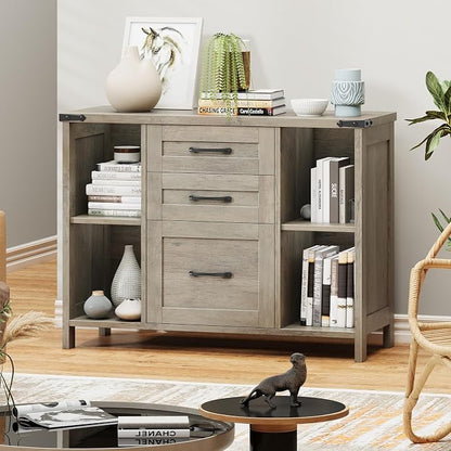 Befrases Farmhouse File Cabinet, Lateral Filing Cabinet with 3 Drawers for Letter/A4 Size Hanging Files, Large Wooden Printer Stand with Adjustable Shelves for Home Office, Rustic Grey