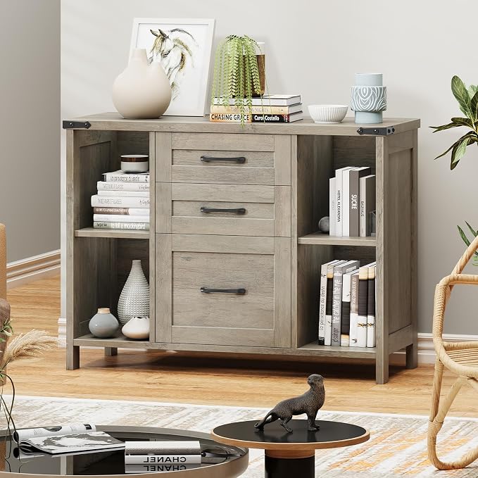 Halitaa 3 Drawer File Cabinet, Farmhouse Lateral Filing Cabinet Fits File Letter or A4 Size, Wooden Printer Stand with Open Storage Adjustable Shelf for Home Office, Grey