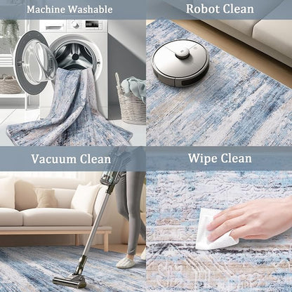 9x12 Area Rug Living Room Rugs - Washable Rug Large Modern Abstract Soft Thin Carpets Indoor Floor No Slip Vintage Carpet for Bedroom Under Dining Table Nursery Home Office Decor Blue