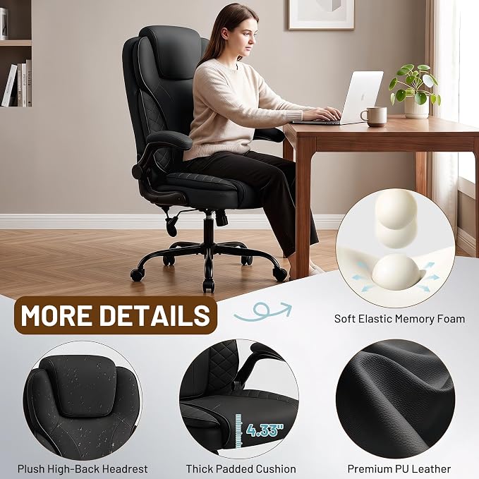 Ergonomic Office Chair, PU Leather High Back Executive Chair with Adjustable Inflatable Lumbar Support and Padded Flip-Up Arms, Recline Swivel Task Computer Chair for Home Office, Black