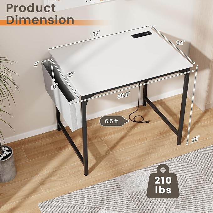 COSTWAY Home Office Desk, 32 Inch Computer Desk with Recessed Power Strip, Storage Bag & Headphone Hook, Wide Desktop, Modern Computer Workstation Writing Table for Home, Office (White + Black)