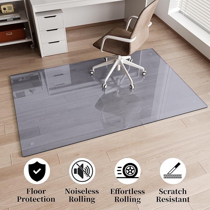 Glass Chair Mat 46" x 46" Heavy Duty Tempered Glass Office Chair Mat, Glass Floor Mat with Round Corner and Polished Edge for Smooth Glide, Carpet Hardwood Floor Protector