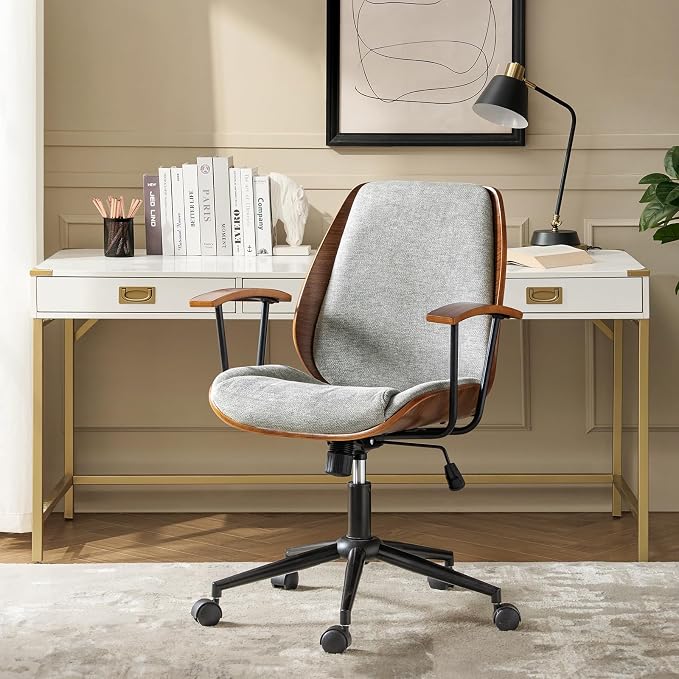 Modern Ergonomic Office Chair with Wood Frame & Metal Base, Swivel Home Office Desk Chairs with Adjustable Height, Comfy Upholstered Computer Chair, Grey