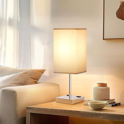Touch Bedside Table Lamp For Nightstand - 3-Way Dimmable Night Lamp with USB A + Type C Charging Ports and two AC Outlets, Small Desk Light with E26 LED Bulb for Bedroom Living Room, GREY PLUS