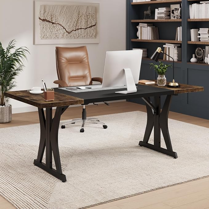 Bestier 70 Inch Large Executive Desk, Modern Simple Computer Office Desk with Thickened Desktop, Wood Metal Conference Room Table for Home Office, Business & Writing, Rustic Brown