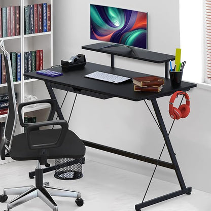 SHW 40-Inch Gaming Desk with Monitor Riser, Drawer and Hooks, Black