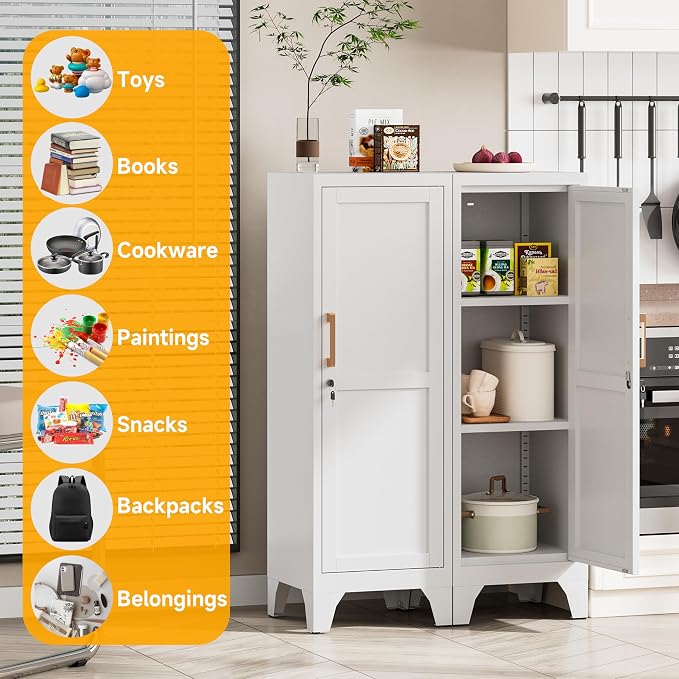46"H White Metal Locker Set of 2,Small Locking Cabinet with 1 Door and 2 Adjustable Shelves For Employees,3 Tier Small Storage Cabinet with Detachable Legs for Kitchen, Office,School,Gym,Easy Assembly