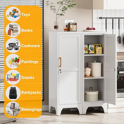 46"H White Metal Locker Set of 2,Small Locking Cabinet with 1 Door and 2 Adjustable Shelves For Employees,3 Tier Small Storage Cabinet with Detachable Legs for Kitchen, Office,School,Gym,Easy Assembly