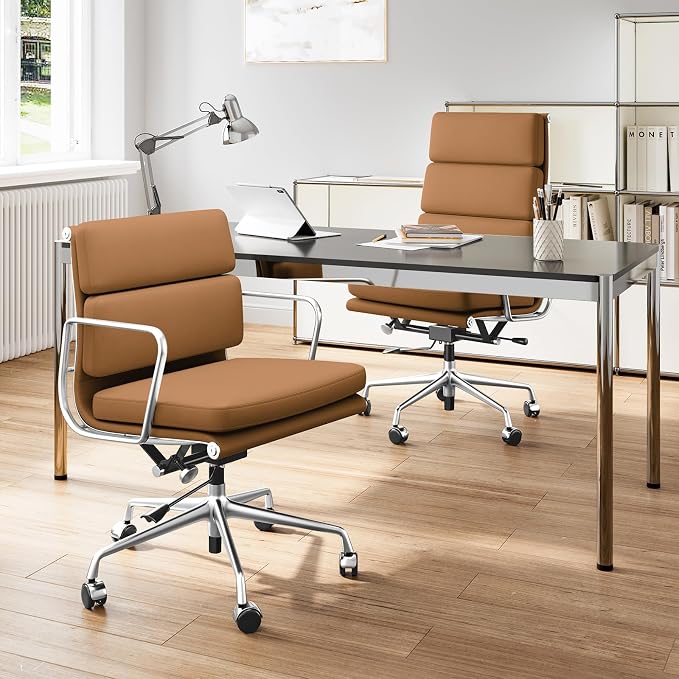 Genuine Leather Office Chair, Padded Mid Back Ergonomic Executive Desk Chair with Aluminum Arm Rest and Base, Swivel Wheels with Lumbar Support & Tilting Function, Hight Adjustable Light Brown