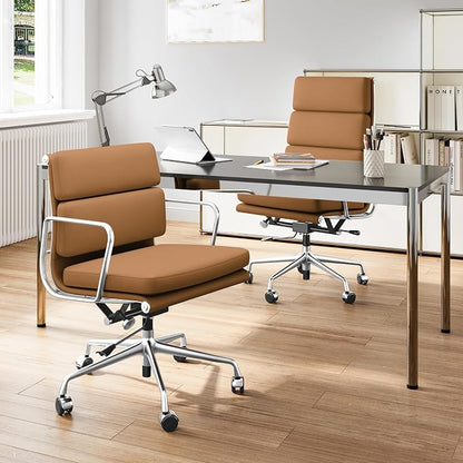 Genuine Leather Office Chair, Padded Mid Back Ergonomic Executive Desk Chair with Aluminum Arm Rest and Base, Swivel Wheels with Lumbar Support & Tilting Function, Hight Adjustable Light Brown