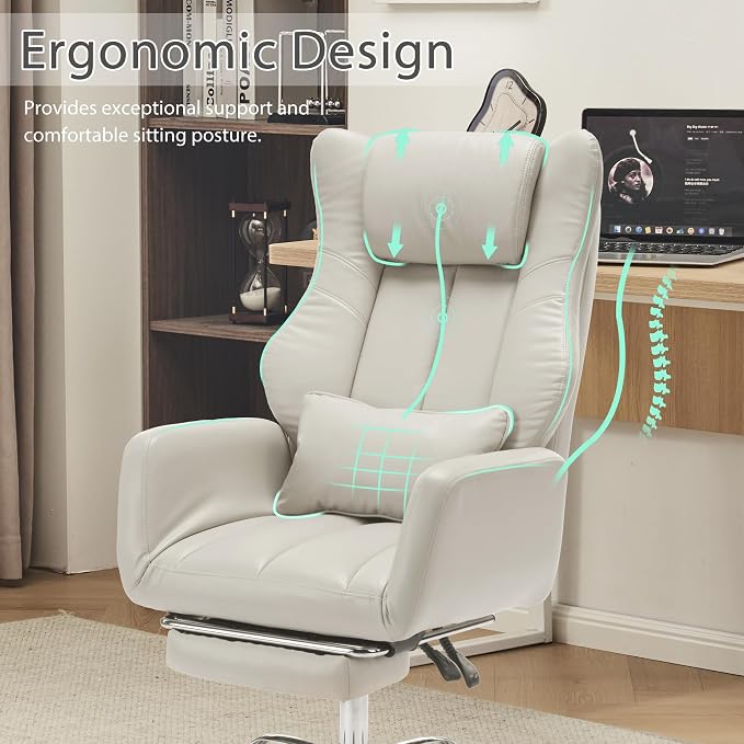 Ergonomic Cross Legged Office Chair with Footrest,Leather Big and Tall Executive Chair with Lumbar Pillow,Reversible Armrest for Pets,155° Reclining Computer Wide Desk Chair for Home,Office, Beige