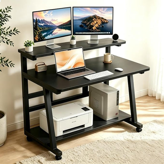 47.2 Inch Compact Rolling Computer Desk with Tier Worktable & Lockable Wheels, Small Computer Desk, Small Desk for Bedroom, Mobile Writing Workstation Easy Assembly for Home Office Small Spaces