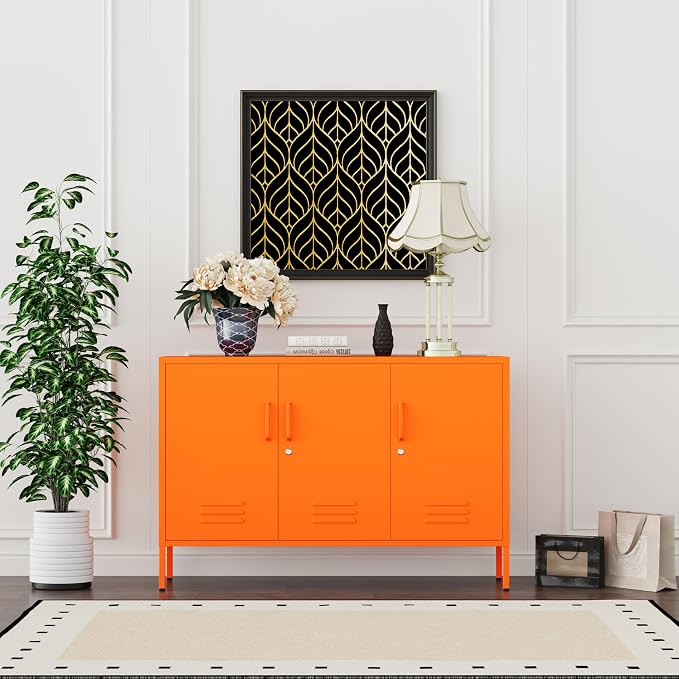 32" Orange 3 Door Lockable Metal Cabinet, Freestanding Multipurpose Heavy Duty Storage Locker with Adjustable Shelves for Home Office Kitchen Living Room Bedroom