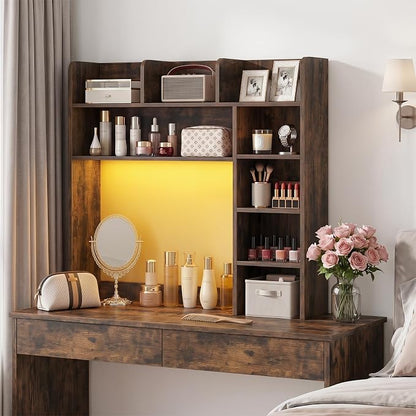 Tangkula Desktop Bookshelf with LED Lights, Desk Hutch with 8 Shelves for Max 25" Monitor, Desktop 5-Tier Display Rack, Multipurpose Wood Desktop Storage Hutch Organizer for Dorm Office Home