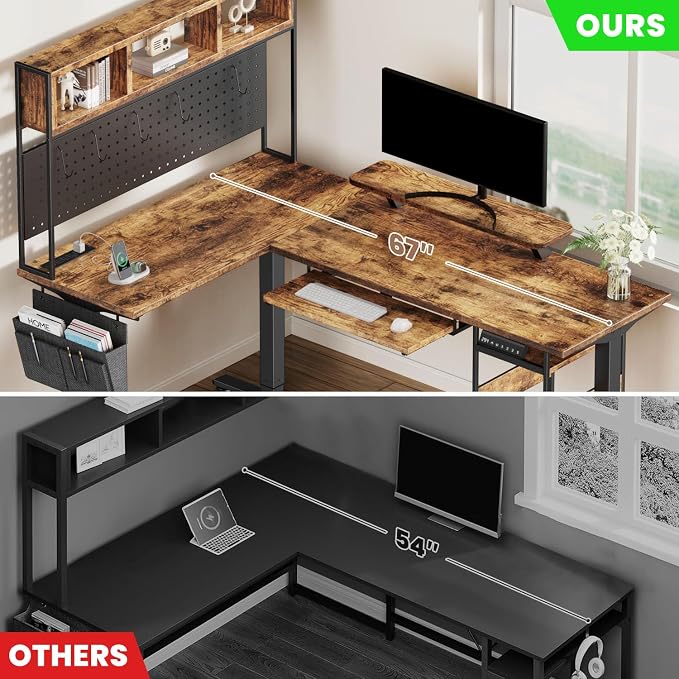 Flycity Electric L Shaped Standing Desk Adjustable Height, 67" x 47" Corner Computer Desk with Host Shelf, Gaming Desk with LED Lights & Power Outlet, Dual Motor Home Office Desk with Storage, Brown