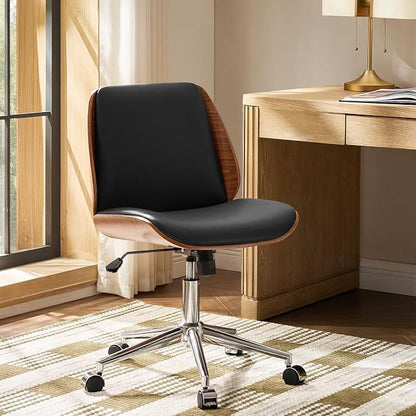 HULALA HOME Faux Leather Home Office Chair with Bent Wood Design & Rocking Tilt Function, Modern Swivel Desk Chair with Adjustable Height, Comfy Upholstered Armless Computer Task Chair, Black