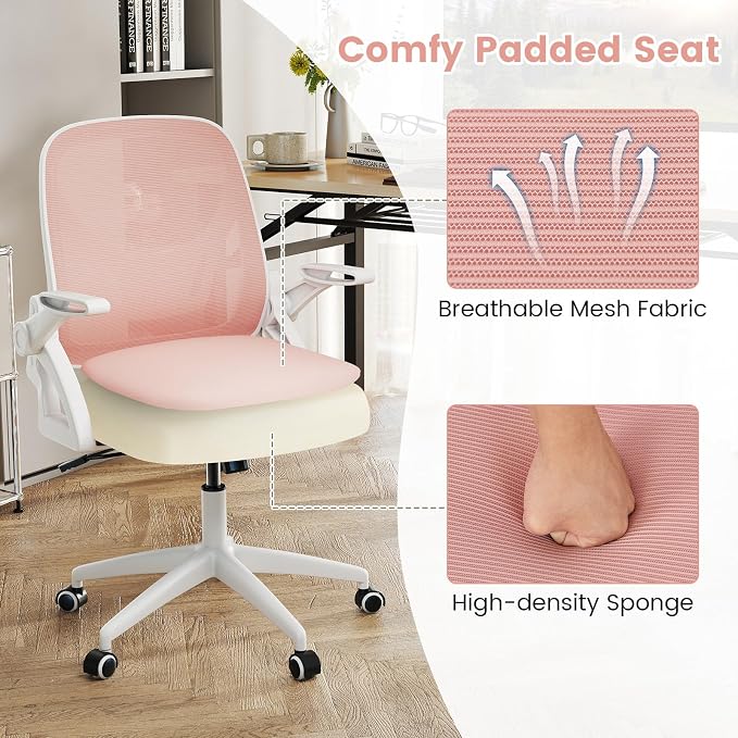 COSTWAY Office Chair, Comfy Swivel Rolling Desk Chair with Adjustable Height & Flip-Up Armrests, Ergonomic Mesh Computer Chairs with Lumbar Support for Working & Gaming, Pink