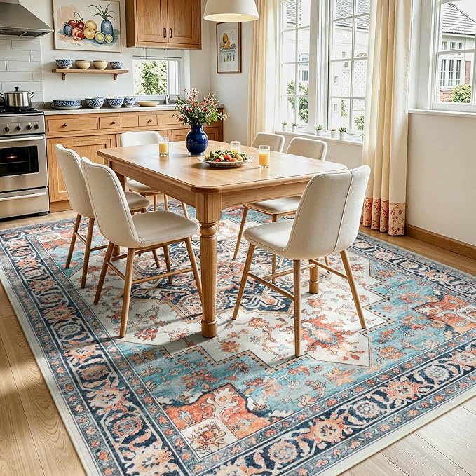 Lofus 8x10 Washable Rugs Non-Slip, Vintage Floral Area Rug for Living Room Bedroom Dining Room Kitchen, Low Pile Distress Print Carpet Home Decor Rug, Octagram Medallion Orange Blue Ivory