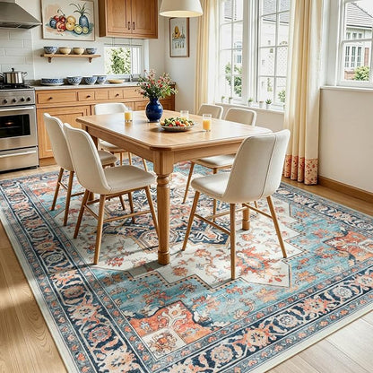 Lofus 8x10 Washable Rugs Non-Slip, Vintage Floral Area Rug for Living Room Bedroom Dining Room Kitchen, Low Pile Distress Print Carpet Home Decor Rug, Octagram Medallion Orange Blue Ivory