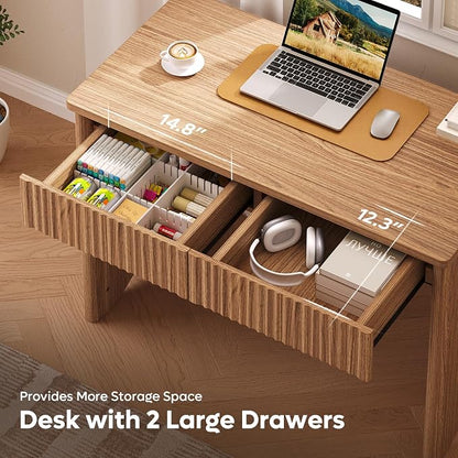 Bestier 40 Inch Fluted Wood Computer Desk with Drawers, Modern Home Office Desk, Compact Writing Desk, Laptop PC Desk for Bedroom, Studio, Study Room, Small Space & Dorm