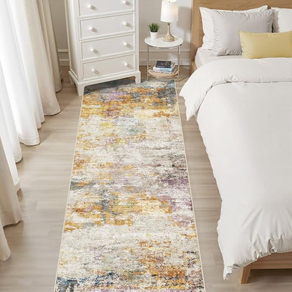Runner Rug Kitchen Washable Rugs: 3x10 Non-Slip Abstract Soft Modern Stain Resistant Indoor Floor Neutral Accent Throw Carpet for Hallway Bathroom Laundry Room Entryway Bedroom- Gold Colorful