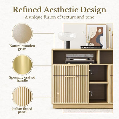 4 Drawer File Cabinet, Fluted Wood Lateral Filing Cabinet with Lock and Charging Station for Home Office, Printer Stand with Open Storage Shelves, Fits A4, Letter Size, Light Waulnut