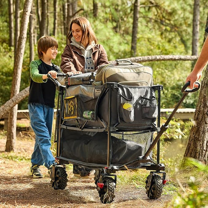 TIMBER RIDGE Push & Pull Double Decker Wagon, 400L Large Capacity Heavy Duty & 450lb Load, Collapsible Cart with All-Terrain Wheels & Brakes, 54” Extended Foldable for Sports, Beach, Camping, Grey