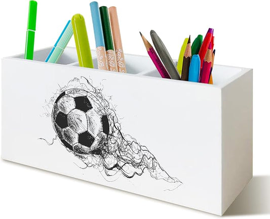 Soccer Ball Pen Pencil Holder Organizer for Desk, Soccer Fan Lovers Players Gifts Wooden Box Block Sign for Home Office Tabletop Decor